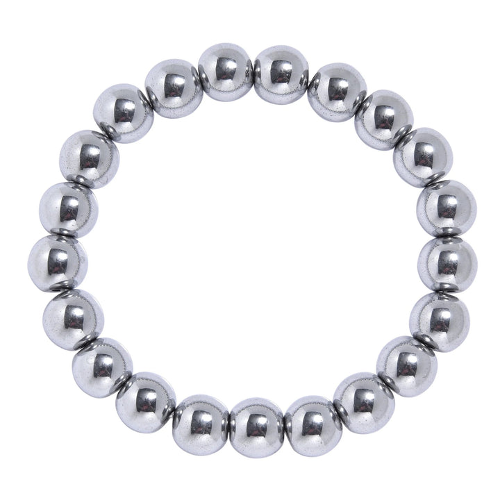 A silver-colored hematite bead bracelet with a stretch style design and 10mm beads, on a white background.