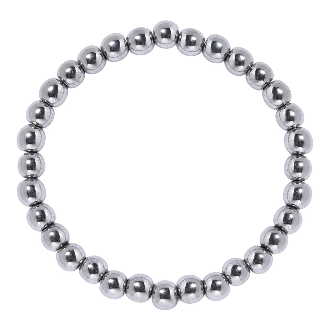 A silver-colored hematite bead bracelet with a stretch style design and 6mm beads, on a white background.