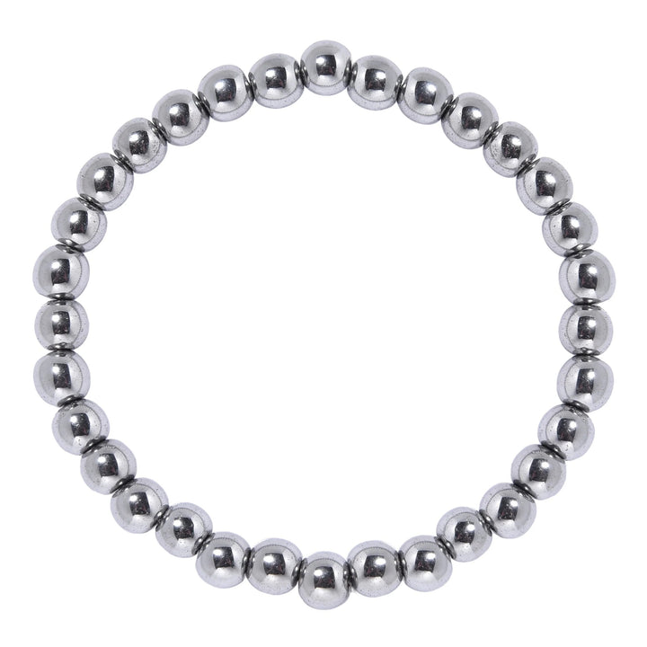 A silver-colored hematite bead bracelet with a stretch style design and 6mm beads, on a white background.