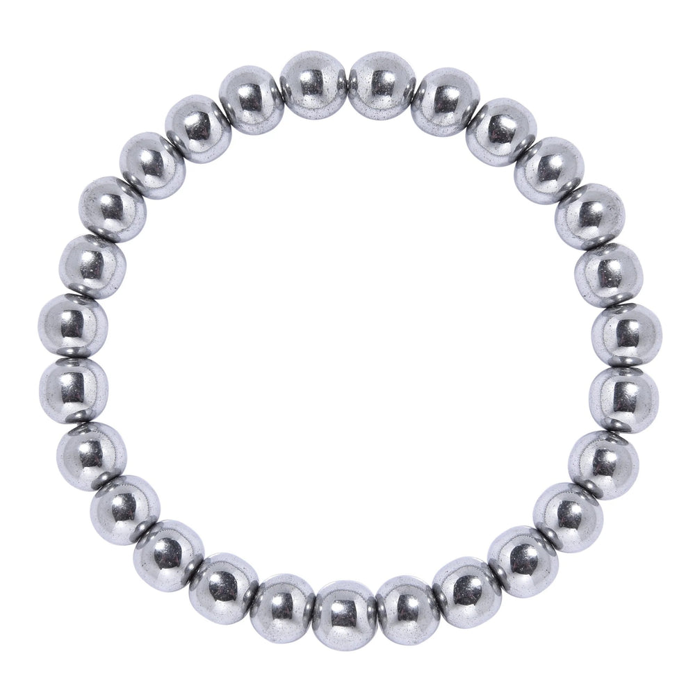 A silver-colored hematite bead bracelet with a stretch style design and 8mm beads, on a white background.