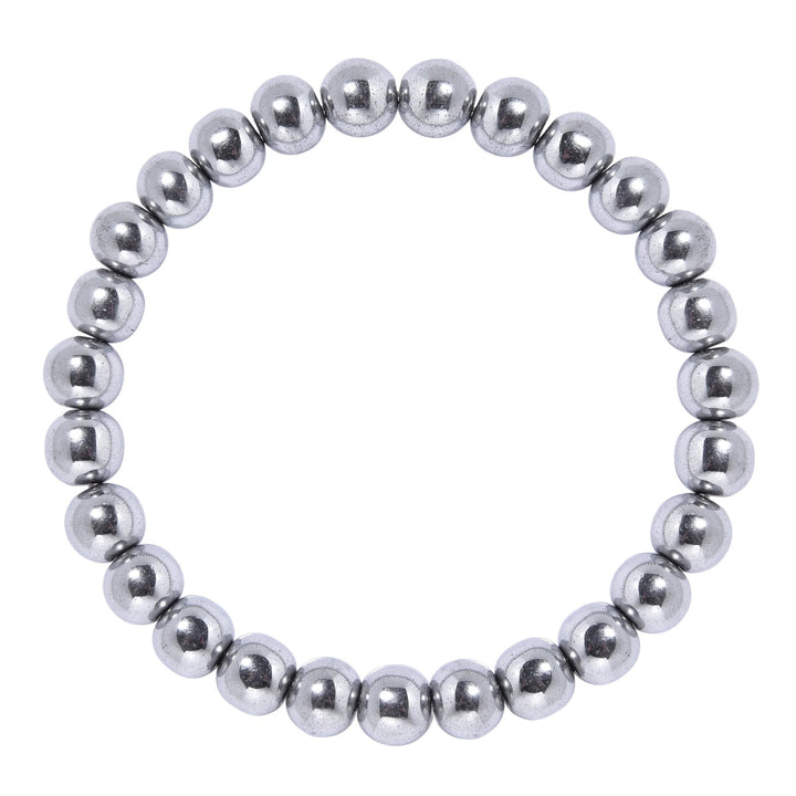 A silver-colored hematite bead bracelet with a stretch style design and 8mm beads, on a white background.