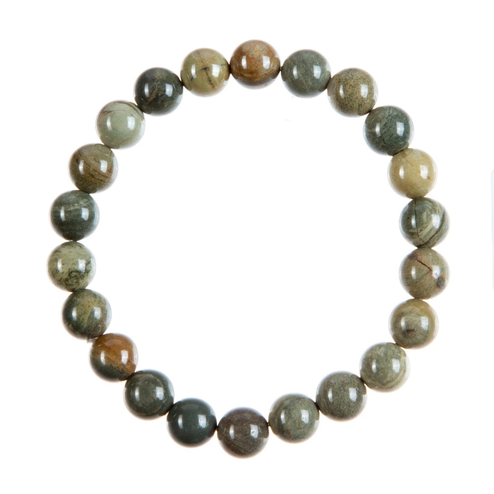 A close-up of a silver leaf jasper stretch style bracelet made with 8mm round jasper beads in shades of brown, green, and beige; strung on a clear stretch cord, displayed on a white background.