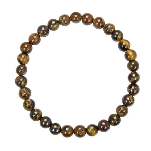 Close-up of a brown Tiger's Eye stone bracelet made with 6mm polished round beads on a stretch cord, displayed on a white background.