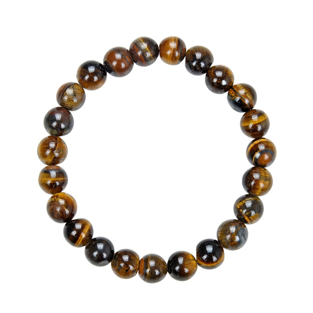 Close-up of a brown Tiger's Eye stone bracelet made with 8mm polished round beads on a stretch cord, displayed on a white background.