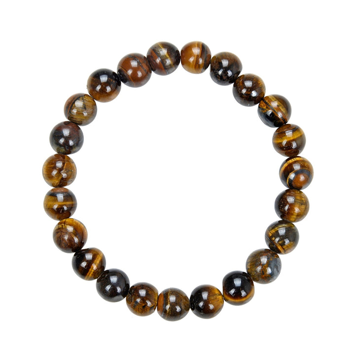 Close-up of a brown Tiger's Eye stone bracelet made with 8mm polished round beads on a stretch cord, displayed on a white background.
