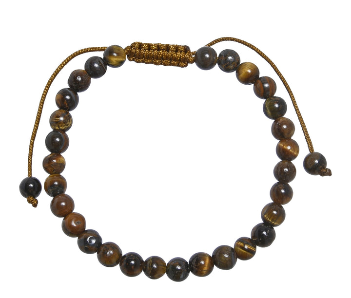 Close-up of a tiger's eye bracelet made with 6mm polished round beads with shades of brown, and a dark brown pull tie style cord closure, displayed on a white background.