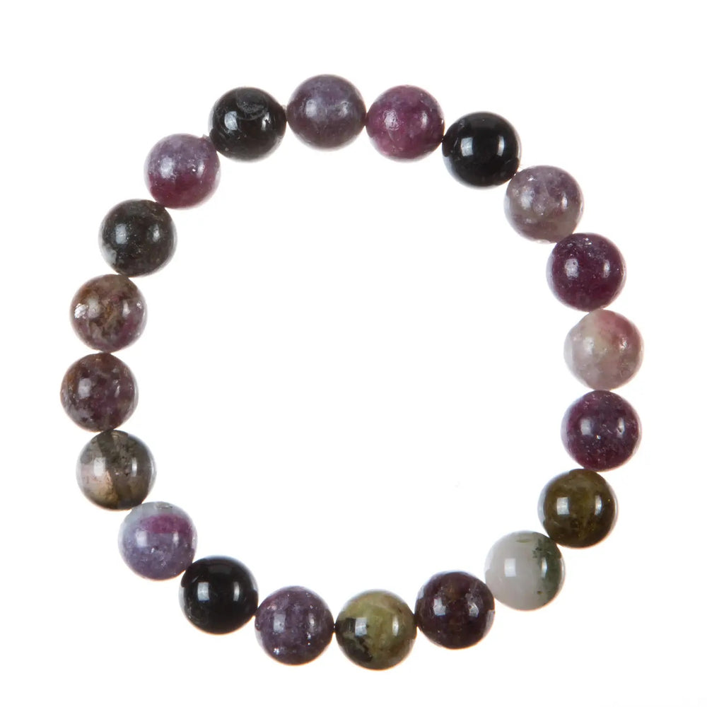 A bracelet made with 10mm round tourmaline beads, stretch style, in shades of purple and green colors, displayed on a white background.