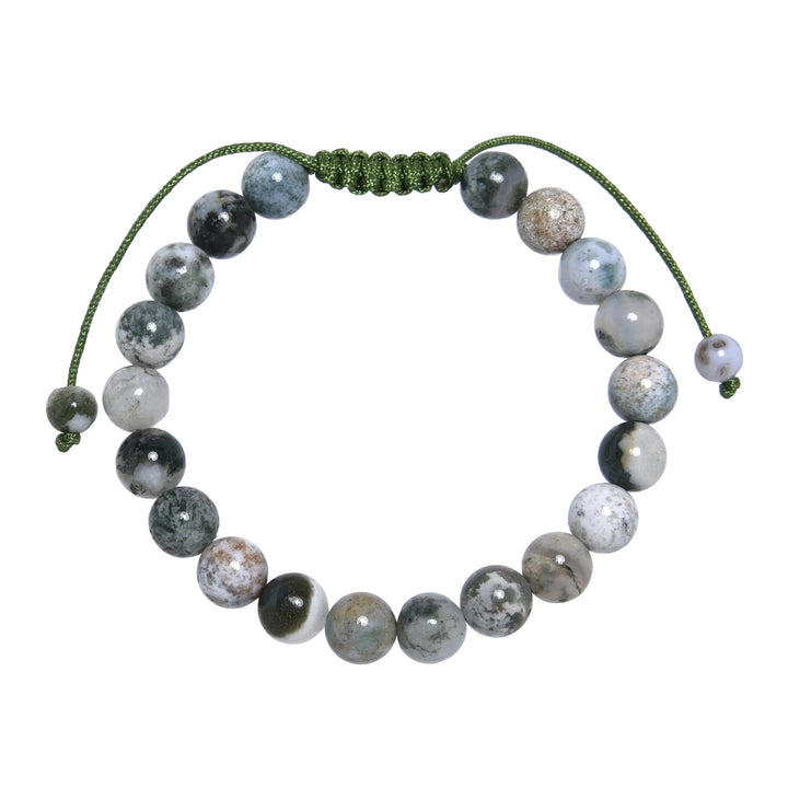 Close-up of a tree agate bracelet made with 8mm round beads with shades of green, gray, tan, and white colors, and a green pull tie style cord closure, displayed on a white background.