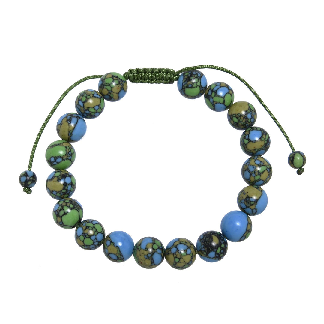 Close-up of a Tricolor Emperor Jasper bracelet with an adjustable green 
pull tie closure, 10mm polished beads in shades of green, blue, tan, and black; displayed on a white background.