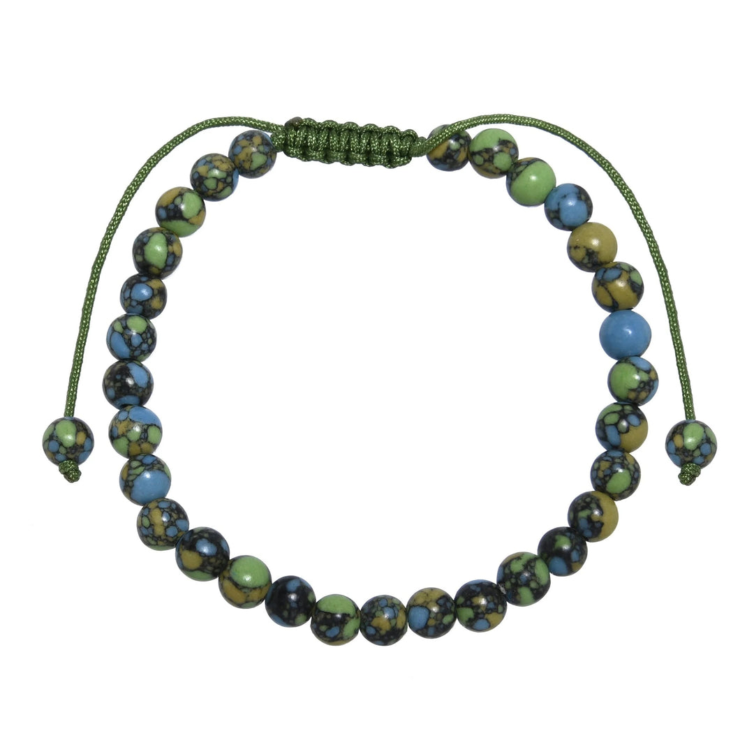 Close-up of a Tricolor Emperor Jasper bracelet with an adjustable green pull tie closure, 6mm polished beads in shades of green, blue, tan and black, displayed on a white background.