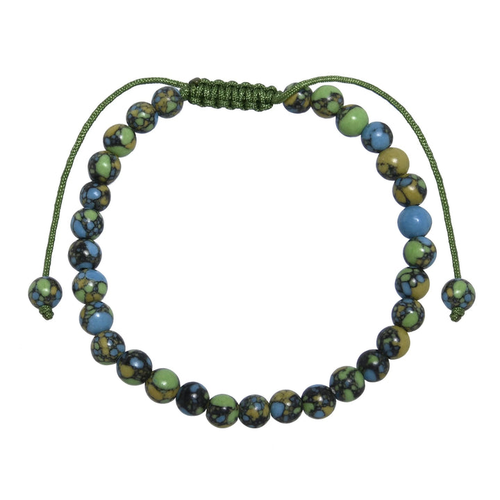 Close-up of a Tricolor Emperor Jasper bracelet with an adjustable green pull tie closure, 6mm polished beads in shades of green, blue, tan and black, displayed on a white background.
