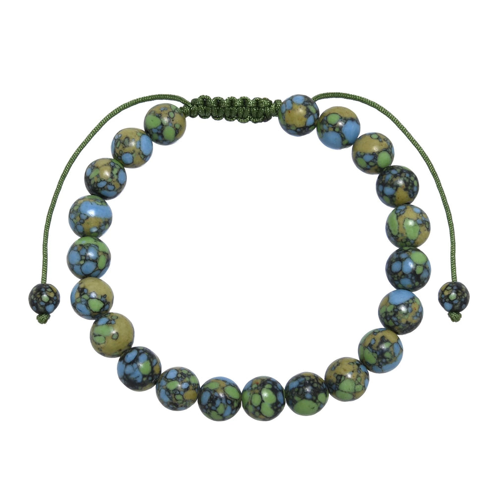 Close-up of a Tricolor Emperor Jasper bracelet with an adjustable green pull tie closure, 8mm polished beads in shades of green, blue, and tan, and black; 
displayed on a white background.