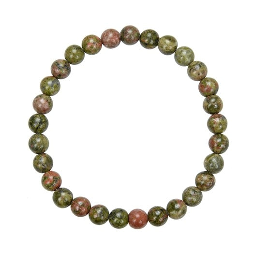 Close-up of a Unakite bead stretch style bracelet with shades of green and pink 6mm beads, with a clear stretch cord displayed on a white background.