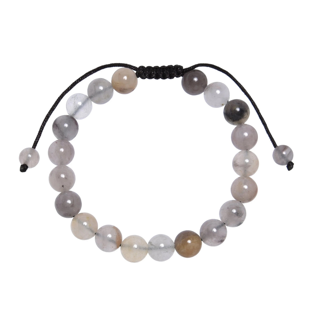 Close-up of a violet jasper bracelet made with a combination of gray, white, violet, and beige 8mm violet jasper beads, with a dark brown black pull tie style cord closure, displayed on a white background.