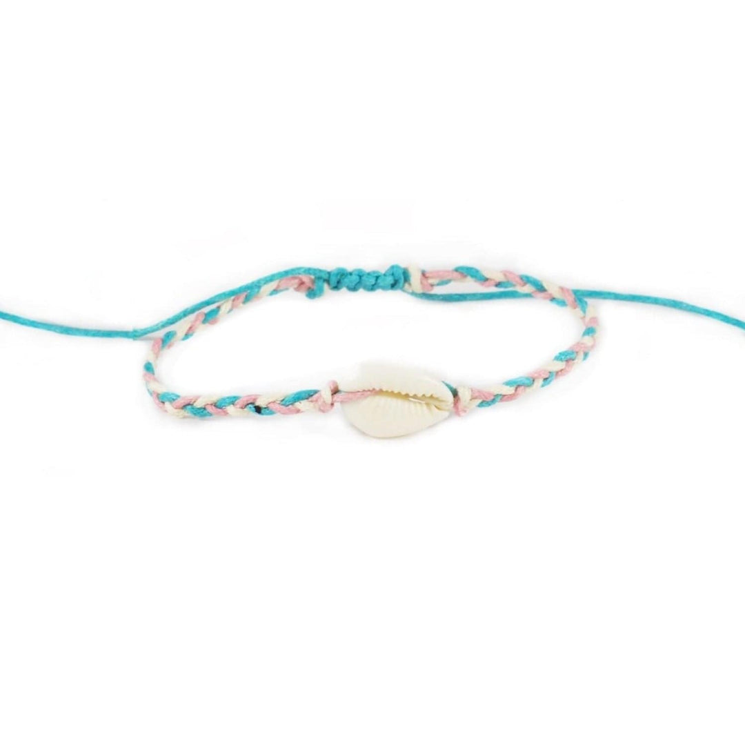 Close-up of a pink, blue, and white braided slip knot syle bracelet with a white cowry sea shell in the center, displayed on a white background.