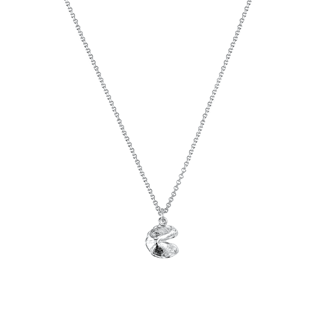 A silver-colored pendant necklace featuring a mini silver fortune cookie charm.