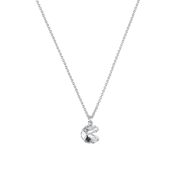 A silver-colored pendant necklace featuring a mini silver fortune cookie charm.